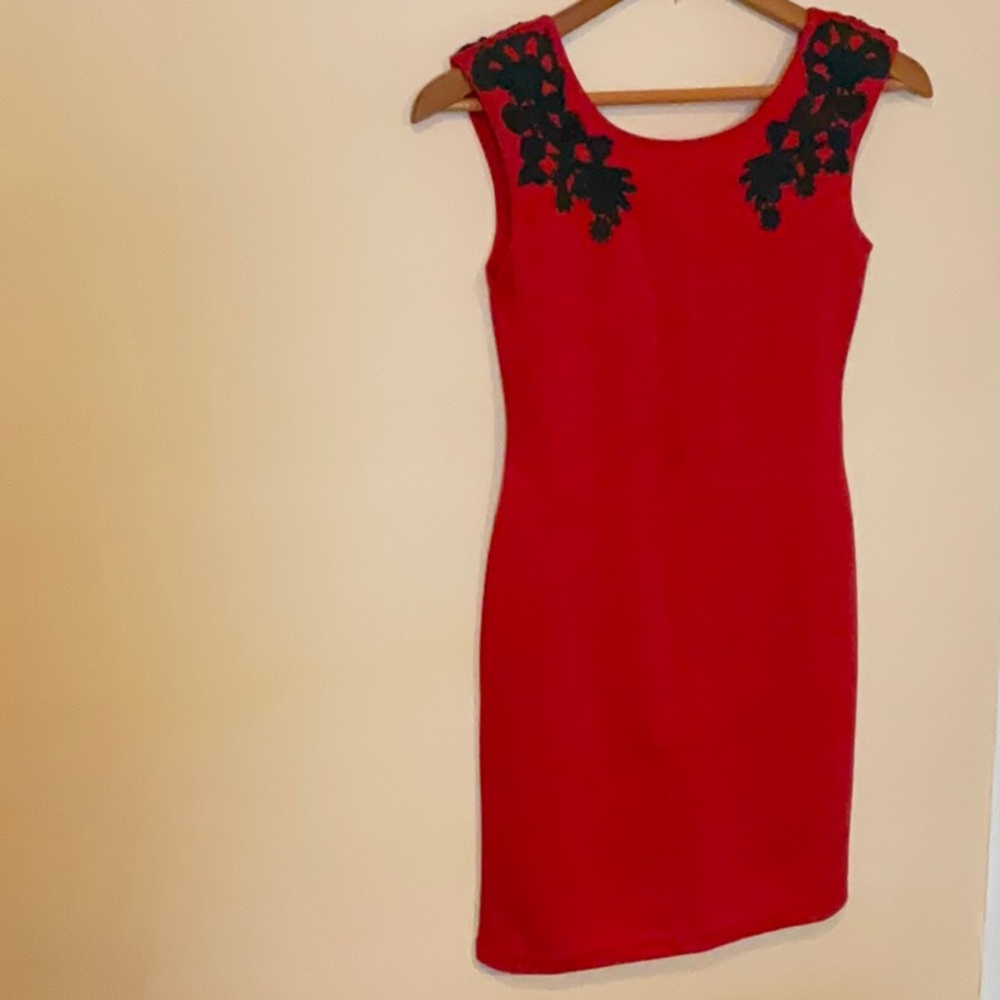 Boutique Red Dress With Black Appliqués Sz Small